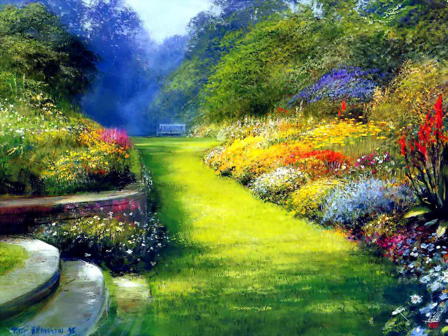 Garden flowers bench painting nature free wallpaper for desktop - medium preview image