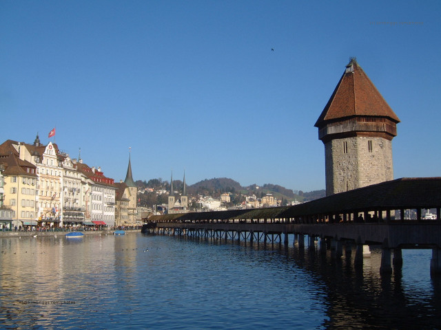 Bridge water buildings clock tower free wallpaper for desktop - medium preview image