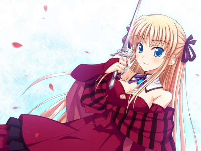 Woman red dress sword smile free wallpaper for desktop - medium preview image