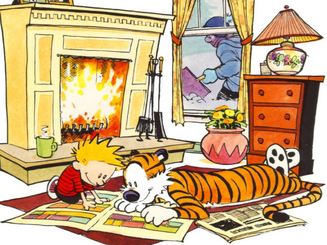 Boy tiger rug fireplace cartoon free wallpaper for desktop - medium preview image