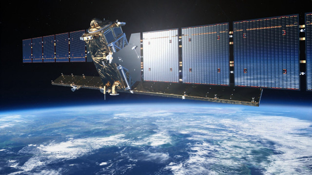 Satellite flying earth sun horizon free wallpaper for desktop - medium preview image