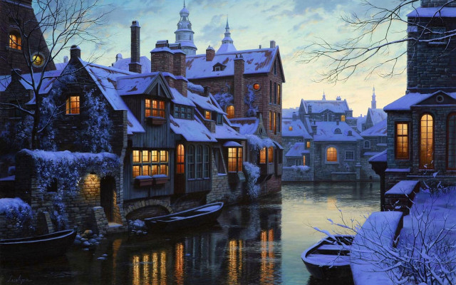 Canal boat clock building lights #2 free wallpaper for desktop - medium preview image