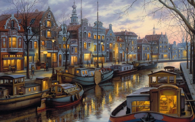 Canal boats buildings nighttime lights free wallpaper for desktop - medium preview image