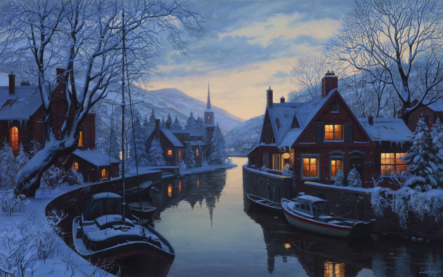 River boats house night painting free wallpaper for desktop - medium preview image