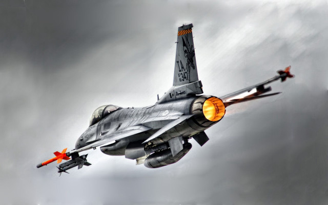 Fighterjet cloudy sky orange lights free wallpaper for desktop - medium preview image