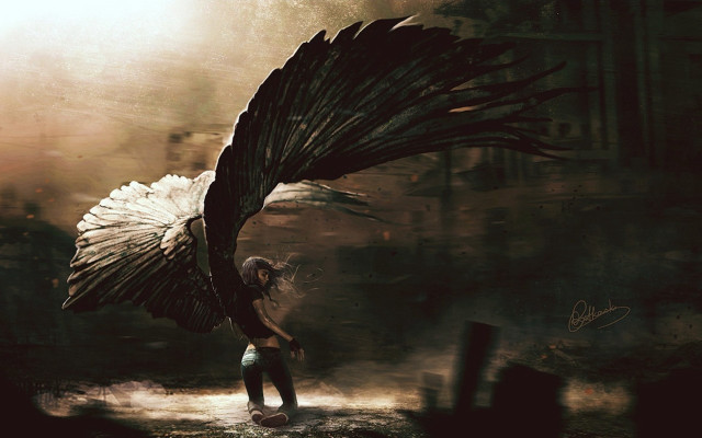 Woman black feather dark forest free wallpaper for desktop - medium preview image