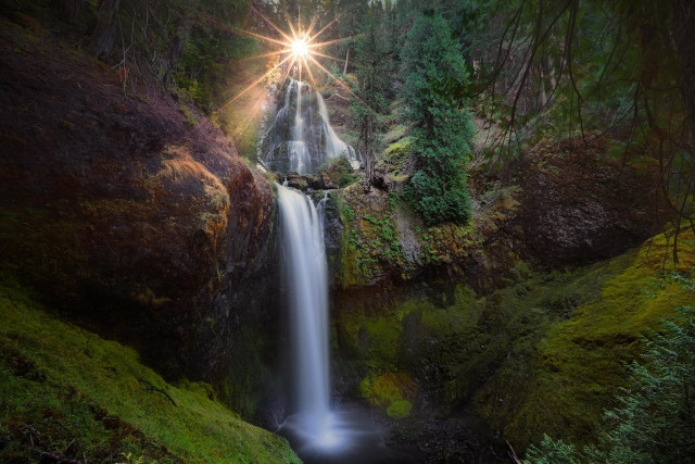 Waterfall forest light rays nature free wallpaper for desktop - medium preview image