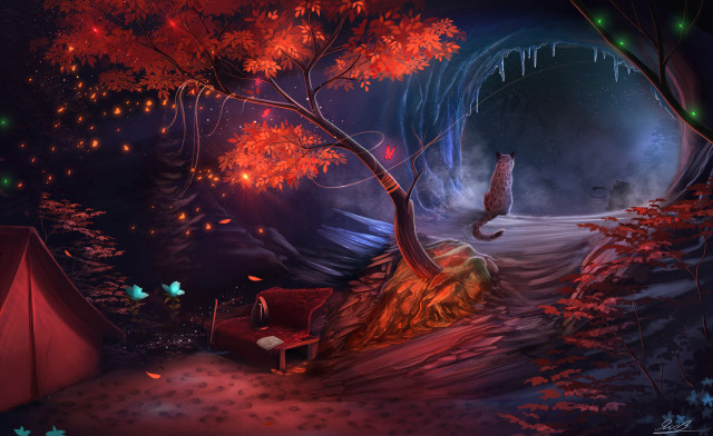 Forest tent fire hydrant painting free wallpaper for desktop - medium preview image