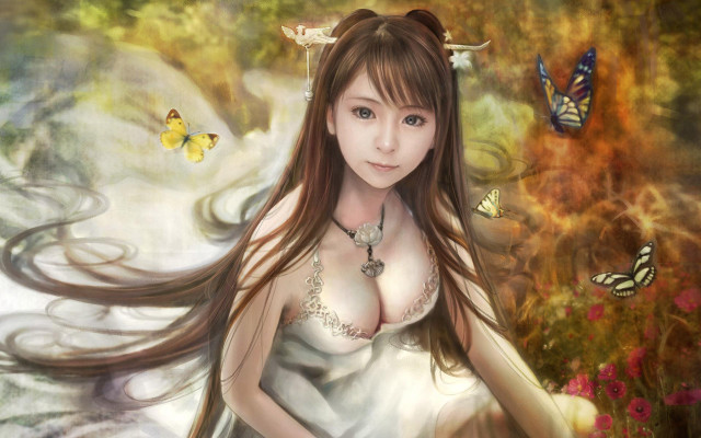 Long hair butterfly necklace fantasy free wallpaper for desktop - medium preview image