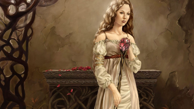 Woman dress rose clock painting free wallpaper for desktop - medium preview image