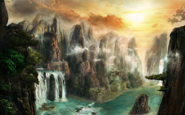 Waterfall mountain landscape river painting free wallpaper for desktop - medium preview image