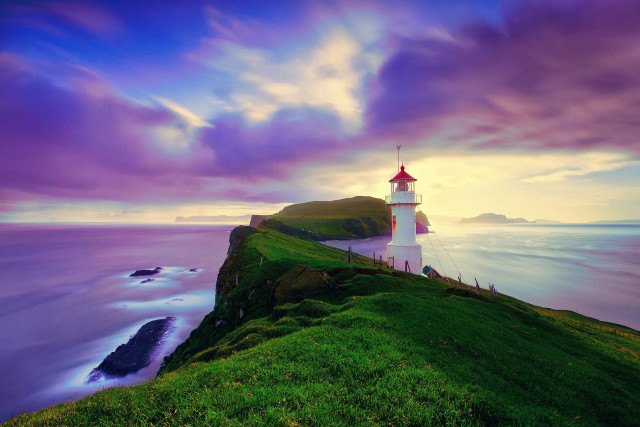 Lighthouse hill ocean sunset purple free wallpaper for desktop - medium preview image