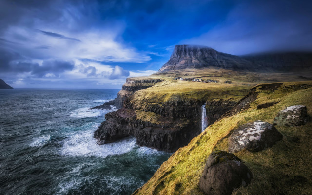 Waterfall cliff ocean mountain cloudy free wallpaper for desktop - medium preview image