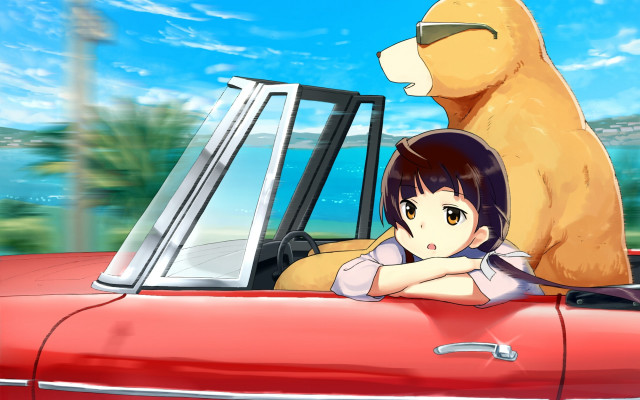 Girl sitting red car stuffed free wallpaper for desktop - medium preview image