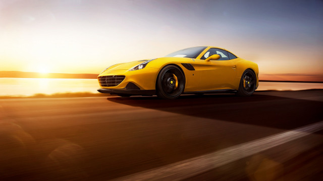 Yellow sports car sunset road #2 free wallpaper for desktop - medium preview image