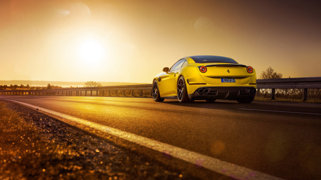 Yellow sports car highway sunset free wallpaper for desktop - medium preview image