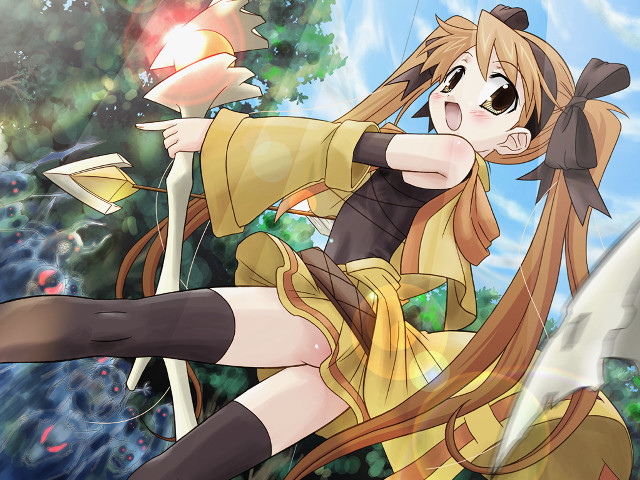 Girl longhair yellowoutfit sword flower free wallpaper for desktop - medium preview image