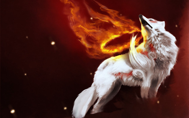 White wolf red yellow tail free wallpaper for desktop - medium preview image