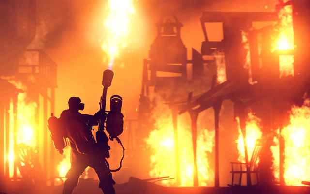 Man backpack camera fire factory free wallpaper for desktop - medium preview image