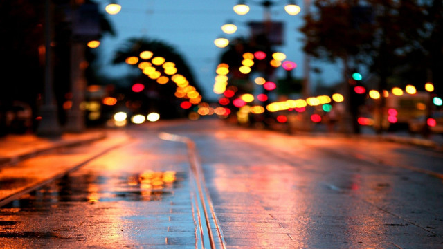 Wet street night lights rain free wallpaper for desktop - medium preview image