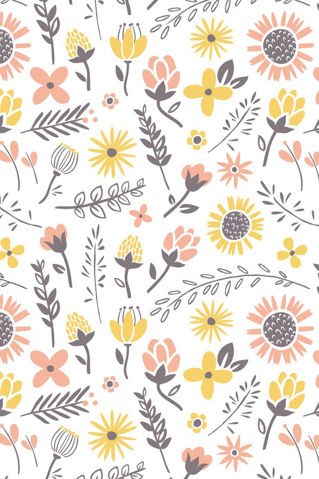 Yellow gray flower pattern white free wallpaper for mobile - medium preview image