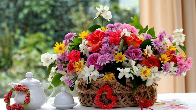 Basket flowers teapot table window free wallpaper for desktop - medium preview image