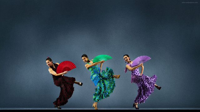 Three women colorful dresses dancing free wallpaper for desktop - medium preview image