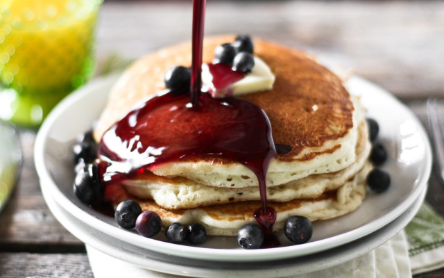 Pancakes blueberries syrup plate fork #2 free wallpaper for desktop - medium preview image