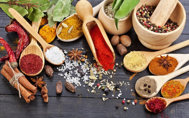 Spices herbs collection wooden table free wallpaper for desktop - medium preview image