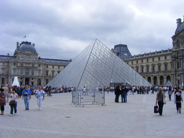 Pyramid courtyard people building cloudy free wallpaper for desktop - medium preview image