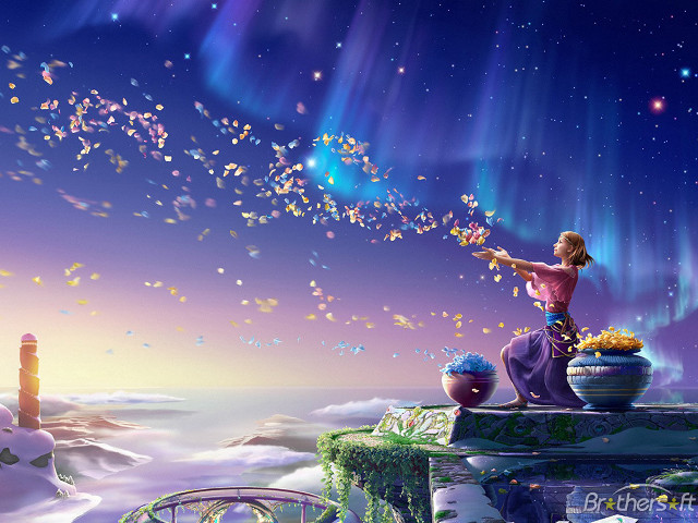 Woman cliff sky stars painting free wallpaper for desktop - medium preview image