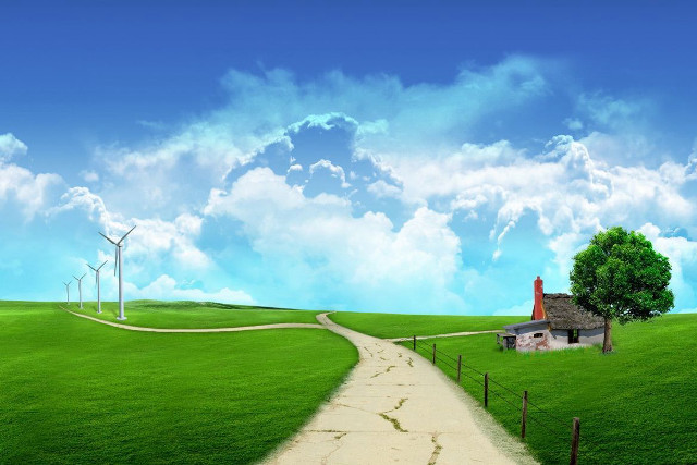 Country road houses windmills green free wallpaper for desktop - medium preview image