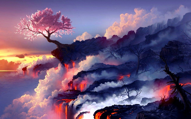 Volcano lava trees sunset painting free wallpaper for desktop - medium preview image