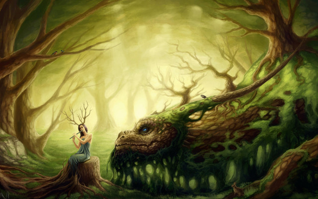 Woman tree stump forest dragon free wallpaper for desktop - medium preview image