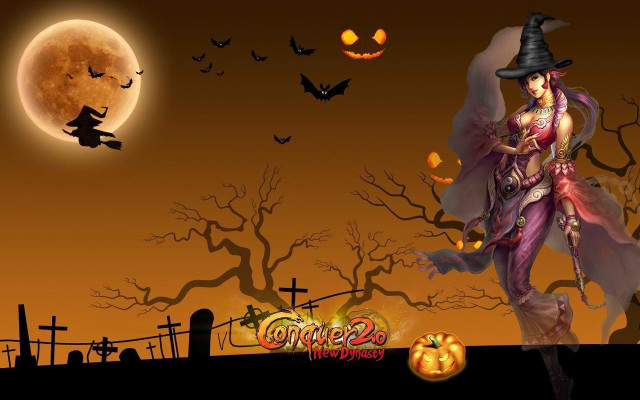 Witch pumpkin fullmoon bats graveyard free wallpaper for desktop - medium preview image