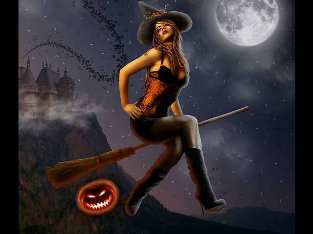 Woman witch costume broom pumpkin free wallpaper for desktop - medium preview image