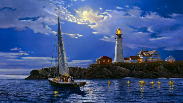 Sailboat lighthouse night fullmoon water free wallpaper for desktop - medium preview image