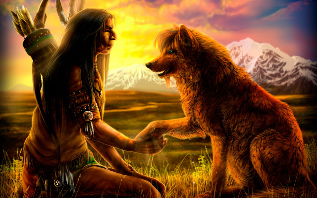Native american man wolf field #2 free wallpaper for desktop - medium preview image