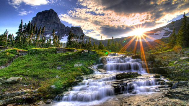 Waterfall mountain sun clouds forest #2 free wallpaper for desktop - medium preview image