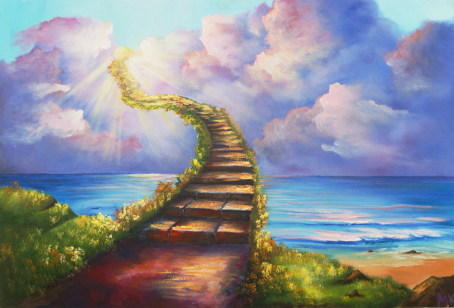 Path ocean sun clouds blue free wallpaper for desktop - medium preview image