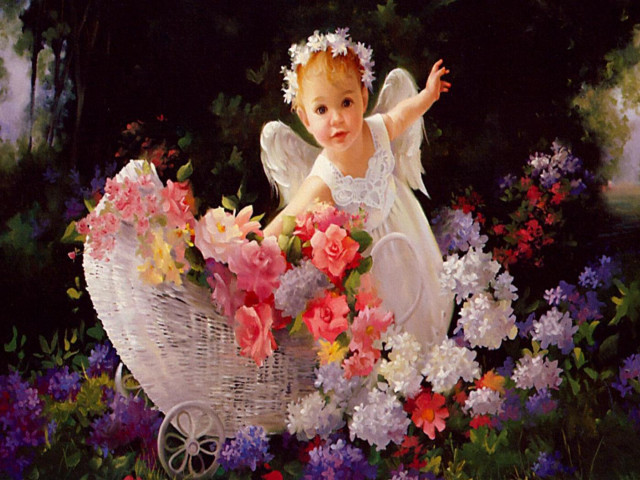 Little girl flower basket angel free wallpaper for desktop - medium preview image