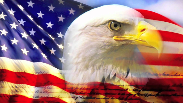 Bald eagle flag sky clouds free wallpaper for desktop - medium preview image