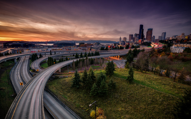 Highway city sunset dawn long free wallpaper for desktop - medium preview image