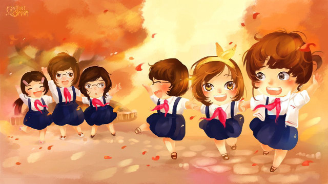 Girls school uniforms autumn leaves #3 free wallpaper for desktop - medium preview image
