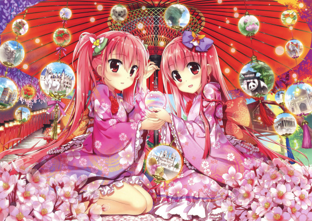 Anime girls umbrella field flowers free wallpaper for desktop - medium preview image