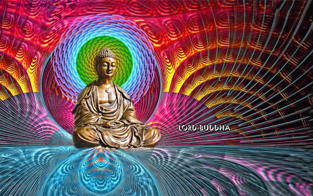 Buddha statue psychedelic background rainbow free wallpaper for desktop - medium preview image