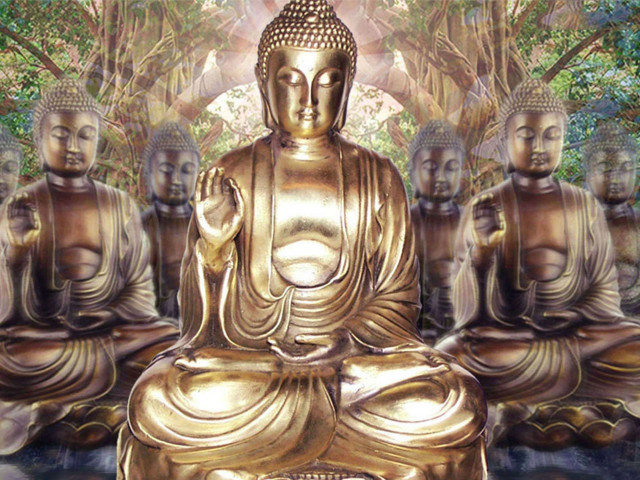 Buddha statues forest golden middle free wallpaper for desktop - medium preview image