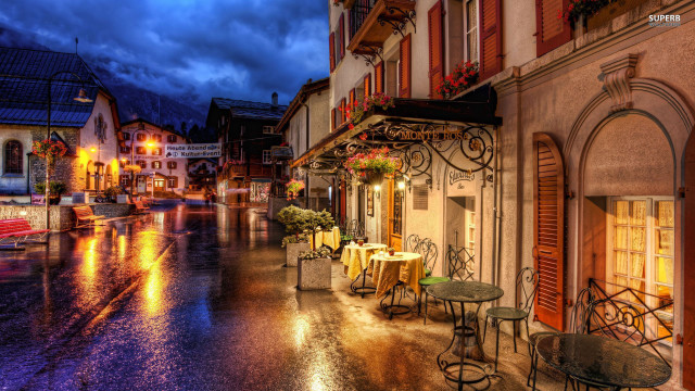 Rainy street tables chairs clock #2 free wallpaper for desktop - medium preview image