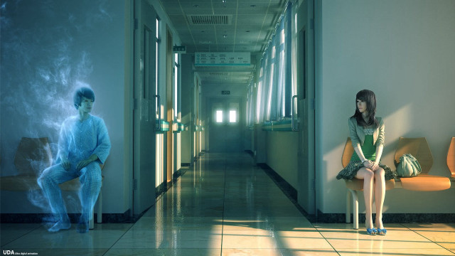 Woman bench man hallway painting free wallpaper for desktop - medium preview image