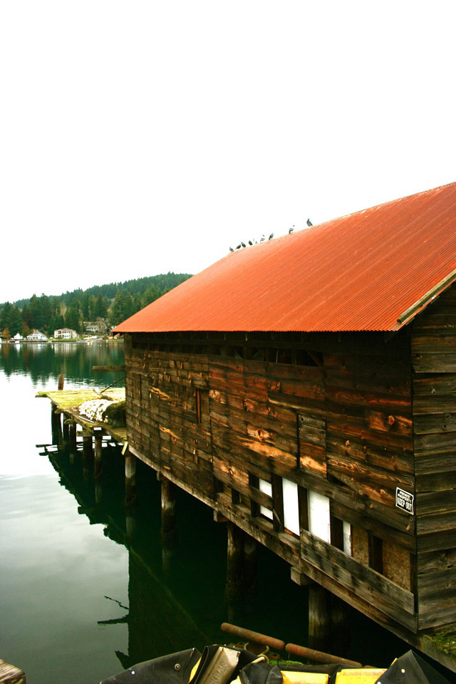 Boat dock red roof wooden free wallpaper for mobile - medium preview image